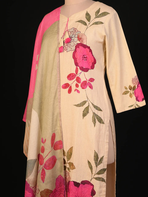 Beige Thread Work Cotton Kurti Set